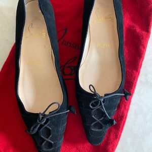 Christian Louboutin Black Suede Pointed Ballet Flats with Bow 37.5